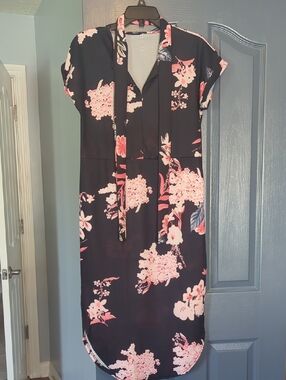 Floral Tie-Neck Black & Pink Midi Dress